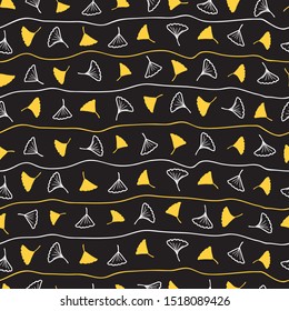 Abstract Horizontal Vector Illustration Ginkgo Leaves in Black Background Color Seamless Pattern