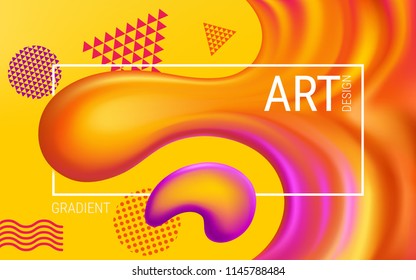 Abstract horizontal vector image. Diffuse dynamic spots of paint on a yellow background. The effect of a flowing liquid. Fashionable modern poster with bright gradients. Poster, web banner, flyer.