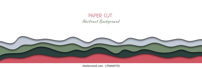 Abstract horizontal vector long banner in paper cut style with shadows and copy space for text. Paper art in trendy color layers, shape of waves. Realistic minmal layout template for website