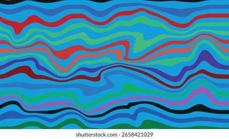 Abstract horizontal and vertical retro vector background with dynamic colorful waves in vibrant red, yellow, and multicolor palette inspired by psychedelic 60s and 70s vintage mod style