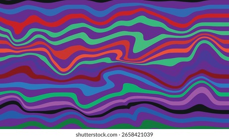 Fondo de Vector retro Horizontal y de Vertical Abstractas con ondas coloridas dinámicas en vibrante paleta roja, amarilla y multicolor inspirada en el estilo mod vintage psicodélico de los años 60 y 70