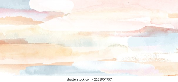 Abstract horizontal watercolor background. Colorful hand painted stains in pale, beige, yellow, ivory, pink, blue, grey colors.