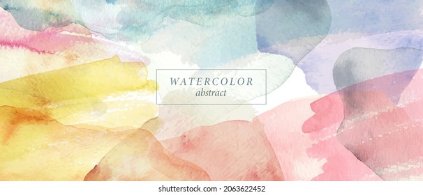 Abstract horizontal watercolor background.Bright  colorful hand painted stains in pale, beige, yellow, ivory, pink, blue colors.