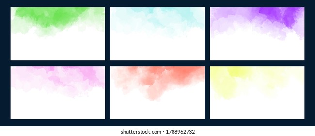 Abstrakte, horizontale Aquarellhintergründe, die in verschiedenen Farben auf weißem Papier stehen. Vektorgrafik mit nassen Grafiken. Blöcke, spritzen und flecken. Vorlage mit freiem Kopienraum für Text. Speichern Sie das Datum.