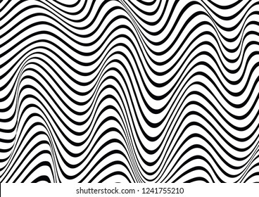 Abstract horizontal wavy geometric pattern. Vector texture with black and white waves, stripes. Dynamical 3D effect, illusion of movement. Modern monochrome background.