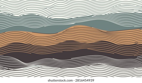 Abstract horizontal wavy line pattern in earthy brown, ochre, muted teal, and cream. Minimalist graphic landscape depicting stylized rolling hills or geological strata layers.