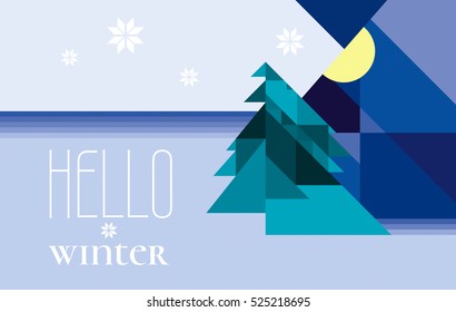 Abstract horizontal winter landscape with Christmas tree, snow, moon, night sky. Vector illustration. Hello winter text lettering. Flyer poster design. Geometric triangle concept.