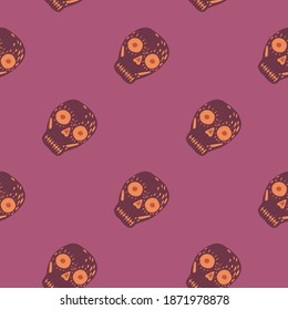 Abstract horror seamless pattern with spooku skulls elements. Purple pastel background. Cartoon print. Vector illustration for seasonal textile prints, fabric, banners, backdrops and wallpapers.