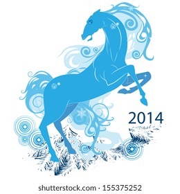 Abstract horse in blue tones on a white background on a branch of spruce, symbol 2014.