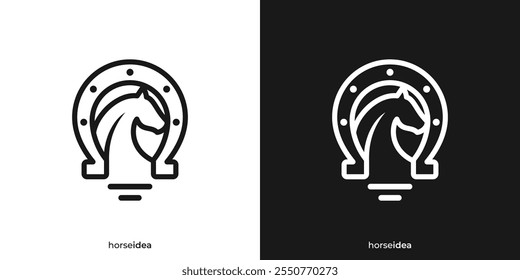 Abstract Horse Idea Logo with Horseshoes and Lightbulb Icon Graphic. Metal Workshop Logo, Icon, Symbol, Vector, Design Template.