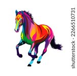Abstract Horse running at a gallop from multicolored paints. Splash of watercolor, colored drawing, realistic. Vector illustration of paints