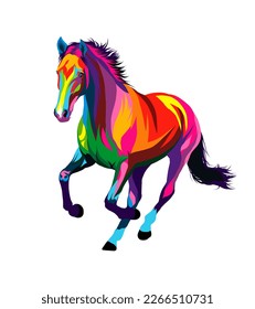 Resumen de caballos corriendo a un galope de pinturas multicolores. Esplandor de acuarela, dibujo de color, realista. Ilustración vectorial de pinturas