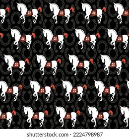 Abstract Horse Silhouettes Horse Shoes Backdrop Seamless Pattern Trendy Fashion Colors Detailed Minimal Icon Design Perfect for Allover Fabric Print or Wrapping Paper Black Background
