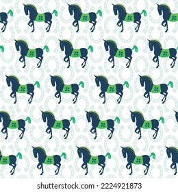 Abstract Horse Silhouettes Horse Shoes Backdrop Seamless Pattern Trendy Fashion Colors Detailed Minimal Icon Design Perfect for Allover Fabric Print or Wrapping Paper Navy Blue Green Tones