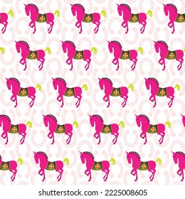 Abstract Horse Silhouettes Horse Shoes Backdrop Seamless Pattern Trendy Fashion Colors Detailed Minimal Icon Design Perfect for Allover Fabric Print or Wrapping Paper Fuchsia Tones