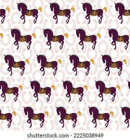 Abstract Horse Silhouettes Horse Shoes Backdrop Seamless Pattern Trendy Fashion Colors Detailed Minimal Icon Design Perfect for Allover Fabric Print or Wrapping Paper Dark Purple Tones