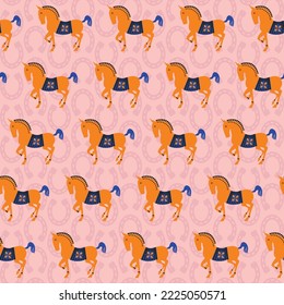 Abstract Horse Silhouettes Horse Shoes Backdrop Seamless Pattern Trendy Fashion Colors Detailed Minimal Icon Design Perfect for Allover Fabric Print or Wrapping Paper Pastel Pink Orange Tones