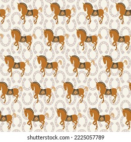 Abstract Horse Silhouettes Horse Shoes Backdrop Seamless Pattern Trendy Fashion Colors Detailed Minimal Icon Design Perfect for Allover Fabric Print or Wrapping Paper Mustard Yellow Tones