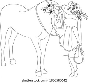 Abstract horse with woman by vector drawing. Portrait minimalistic style. Botanical print. Nature symbol of cosmetics. Modern continuous line art. Fashion print. Beaty salon