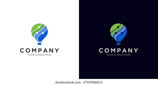 Abstract von Heißluftballon mit drei Pfad Aufstieg Pfeile Logo Design Inspirationen. Einzigartiger Vektor für Finanz- und Technologiekonzept.	
