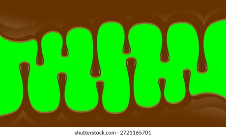 Abstrakte heiße Schokolade Tropfgrafik. Schmelzende Schokolade auf grünem Hintergrund. Drippiges Eis, Vektordesign. Wellenförmiger Schokoladenrand. Braune Schokolade tropft Illustration.