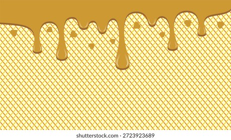 Ilustración Abstractas de goteo de chocolate caliente. Goteo de chocolate ondulado sobre fondo de gofre. Ilustración de helado goteando. Ilustración vectorial de goteo de choco ondulado.