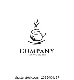 abstract hot coffee cup with splash in line art flat logo design style