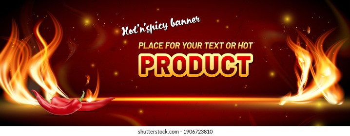 Abstract hot and spicy banner background with flames, red peppers, shiny lights and copy space for your text, product etc. - vector illustration