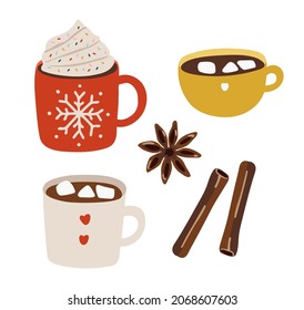 Abstract hot winter drink set, Winter cozy set vector illustration, Coffee cup, tea, cinnamon set vector, Christmas illustration 