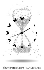 Abstract hourglass and analog clock with butterflies