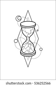 Abstract hourglass with mountains, clouds, round and rhombus ornament. Vector line illustration. Sketch for tattoo, poster, t-shirt design. Coloring book for kids and adults.