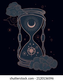 abstract hourglass with mystic moon and stars, black and gold