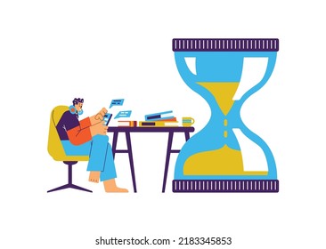 Abstract hourglasses and procrastinating man on the phone, flat vector illustration isolated on white background. Concepts of running time, deadlines and laziness.
