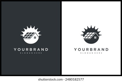 Abstract hous solar energy vector logo. Graphic of house with solar panel roof and sun. Simple creative icon style. Illustration template.	