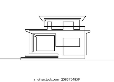 Abstract house in continuous line art drawing style. Two-storey family home with terrace black linear design isolated on white background. Vector illustration