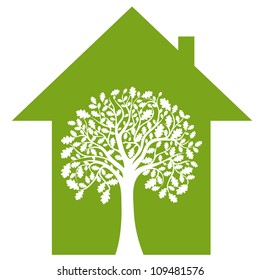 abstract house and green tree, vector image