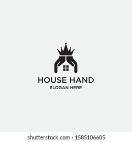 Abstract house hands king logo design template. Premium real estate sign. Universal protection care home realty business vector icon. Negative space idea logotype - stock vector