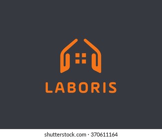 Abstract house hands logo design template. Premium real estate sign. Universal protection care home realty business vector icon. Negative space idea logotype