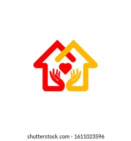 Abstract house hands and love logo design template. Premium real estate sign. Love Home logo template. Negative space idea logotype