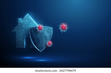 Abstract house icon behind blue futuristic guard shield attacked by red viruses. Protection concept. Low poly style. Blue geometric background. Wireframe connection structure. Modern 3d graphic Vector