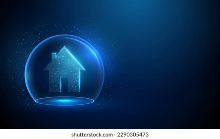 Abstract house icon in blue glass dome. Neon sphere shield. Protection concept. Low poly style design. Blue geometric background. Wireframe connection structure. Modern 3d graphic concept. Vector