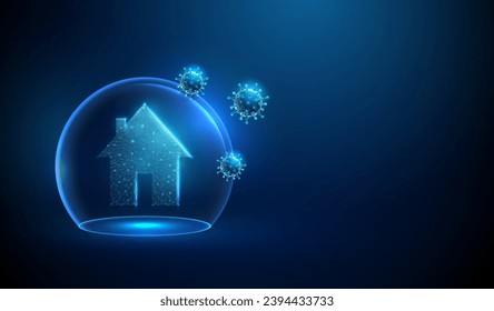 Abstract house icon in blue glass dome attacked by blue viruses. Protection concept. Low poly style design. Blue geometric background. Wireframe connection structure. Modern 3d graphic concept. Vector