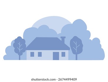 Ilustração da casa abstrata com chaminé e árvores. Projeto simples de propriedade suburbana. Edifício residencial de estilo plano para gráficos de fundo.