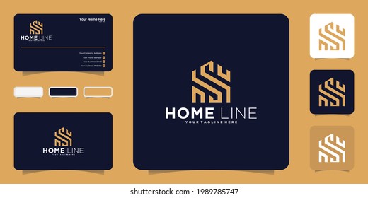 abstract house and initials letter s with line art style logo design, symbol icon and business card