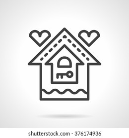 Abstract house with key sign and two hearts. Sweet home. Housing and mortgage for young family. Vector icon simple black line style. Single design element for website, business.