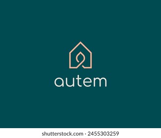 Abstract house and leaf line logo. Creative house home real estate icon. Park garden vector sign.