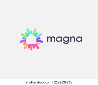 Abstract house logo with coloful lines, rays around. Universal home logo. Flat real estate building vector sign icon. Vector illustration.