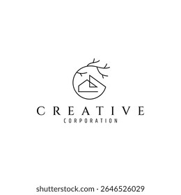 Logotipo abstracto de la casa con el árbol en estilo continuo de la línea