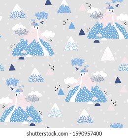 Abstract house in the mountains seamless pattern. Cute geometric and doodle landscape background. Cartoon sweet home concept. Vector illustration in nordic style for wallpaper, textile, fabric design