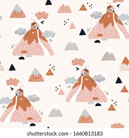 Abstraktes Haus in den Bergen nahtloses Muster. Geräumige geometrische und doodle Landschaft Hintergrund. Cartoon-Konzept für süßes Zuhause. Vektorillustration im nordischen Stil für Tapeten, Textilien, Stoffdesign